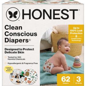 imageThe Honest Company Clean Conscious Diapers for Delicate Skin  Up to 100 Leakproof  Hypoallergenic Fragrance Free  Fall 25 Limited Edition Prints  Club Box Size 3 1628 lbs 62 CountSize 3 62 Count