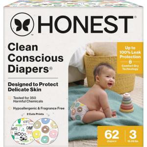 imageThe Honest Company Clean Conscious Diapers for Delicate Skin  Up to 100 Leakproof  Hypoallergenic Fragrance Free  Gender Neutral  Super Club Box Size 1 814 lbs 136 Count Prints May VaryBarnyard Babies  Donut Grow Up